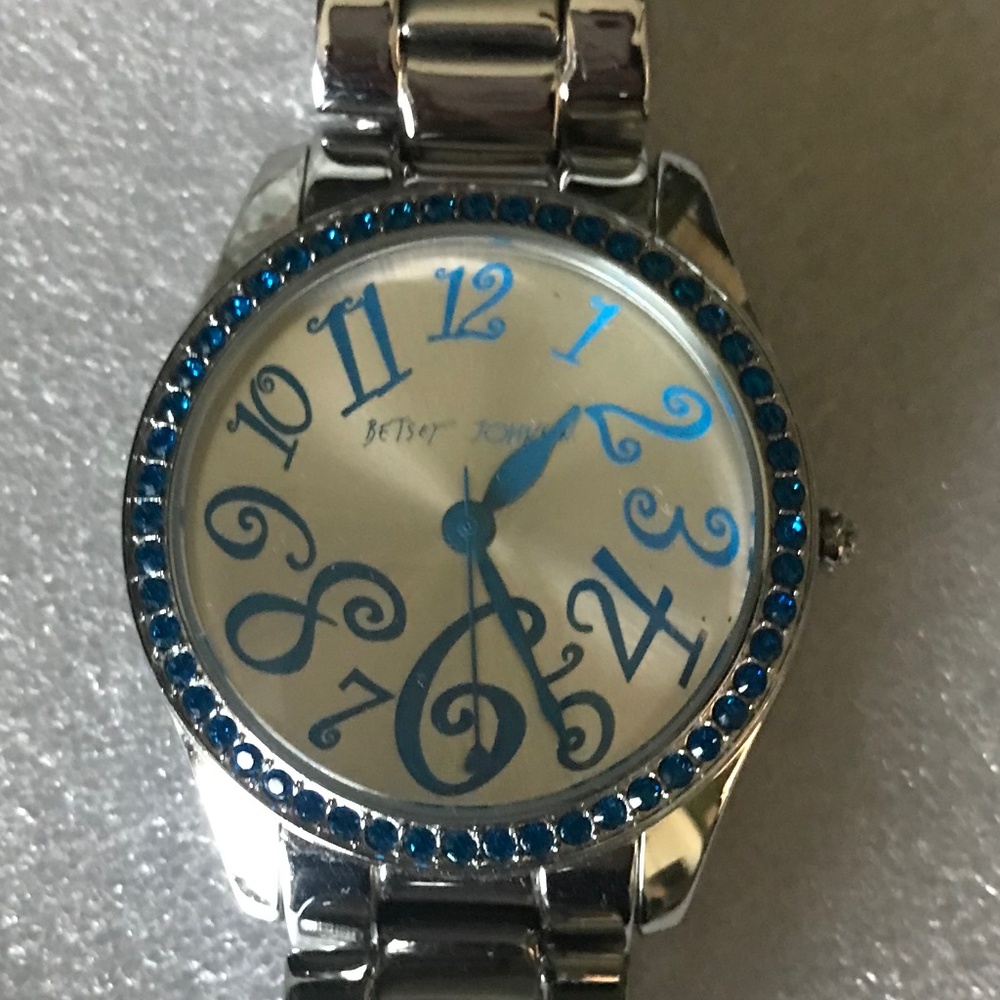 Betsey Johnson Women’s Stainless Steel Watch with Blue Rhinestones